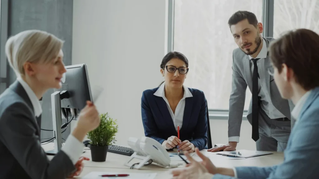 Profesionales conversando en una reunión de oficina moderna